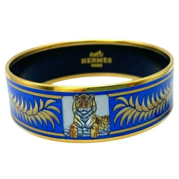 Hermes Tiger Bangle Bracelet Cloisonne Enamel Blue Gold Vintage Size 65 RARE! - Picture 7 of 9